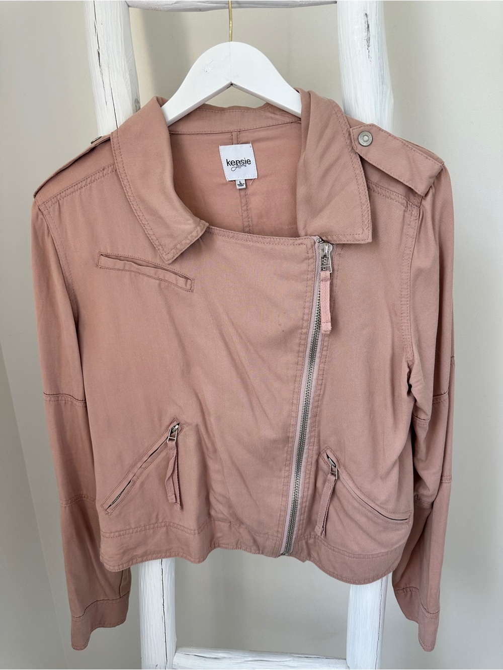 kensie Mauve Blush Asymmetric Lightweight Zip Moto Jacket Size Large